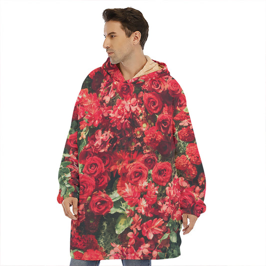 Red Rose Flower Print Hoodie Blanket