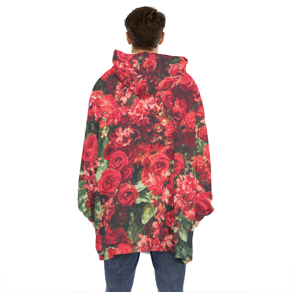Red Rose Flower Print Hoodie Blanket