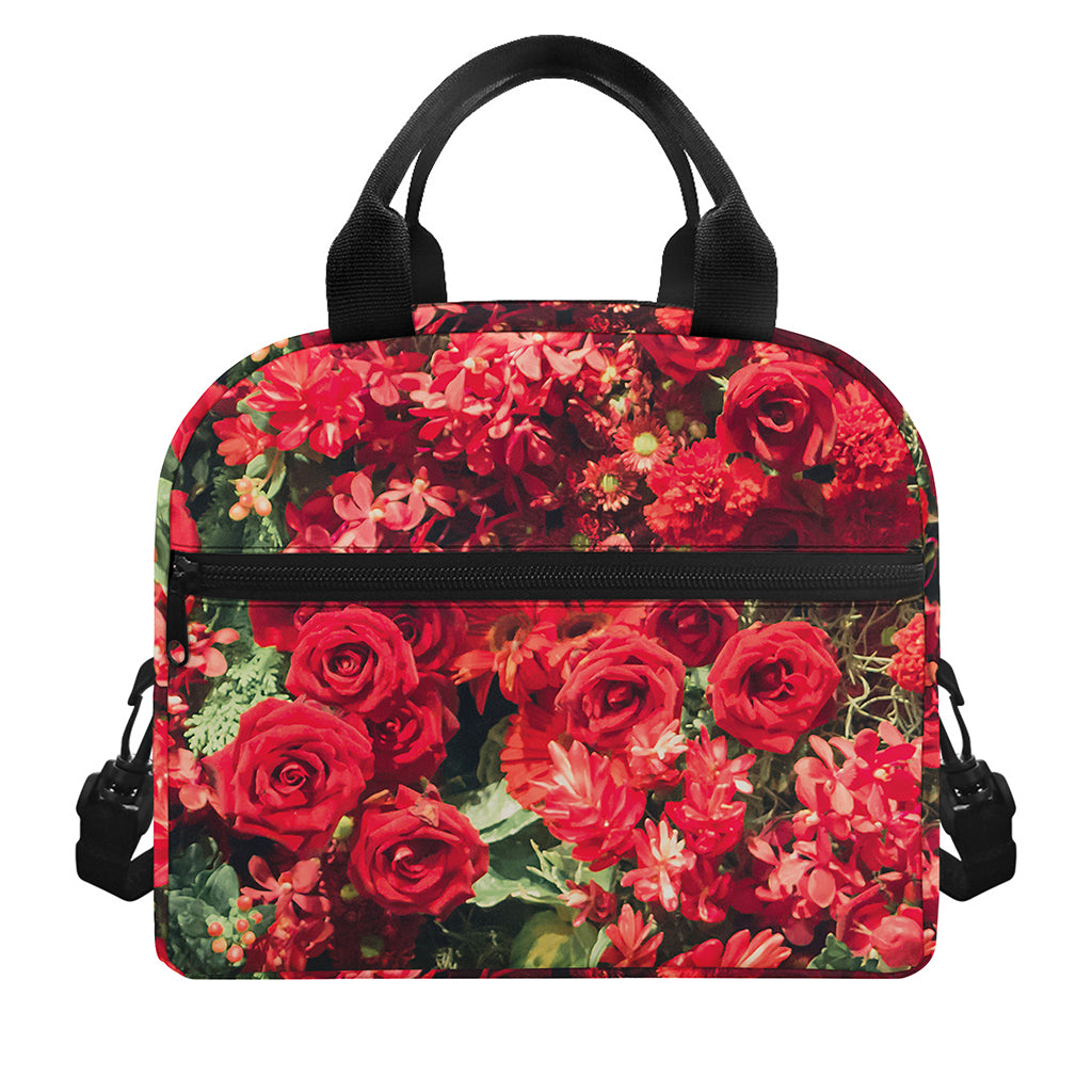 Red Rose Flower Print Insulated Lunch Bag