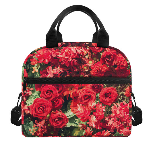 Red Rose Flower Print Insulated Lunch Bag