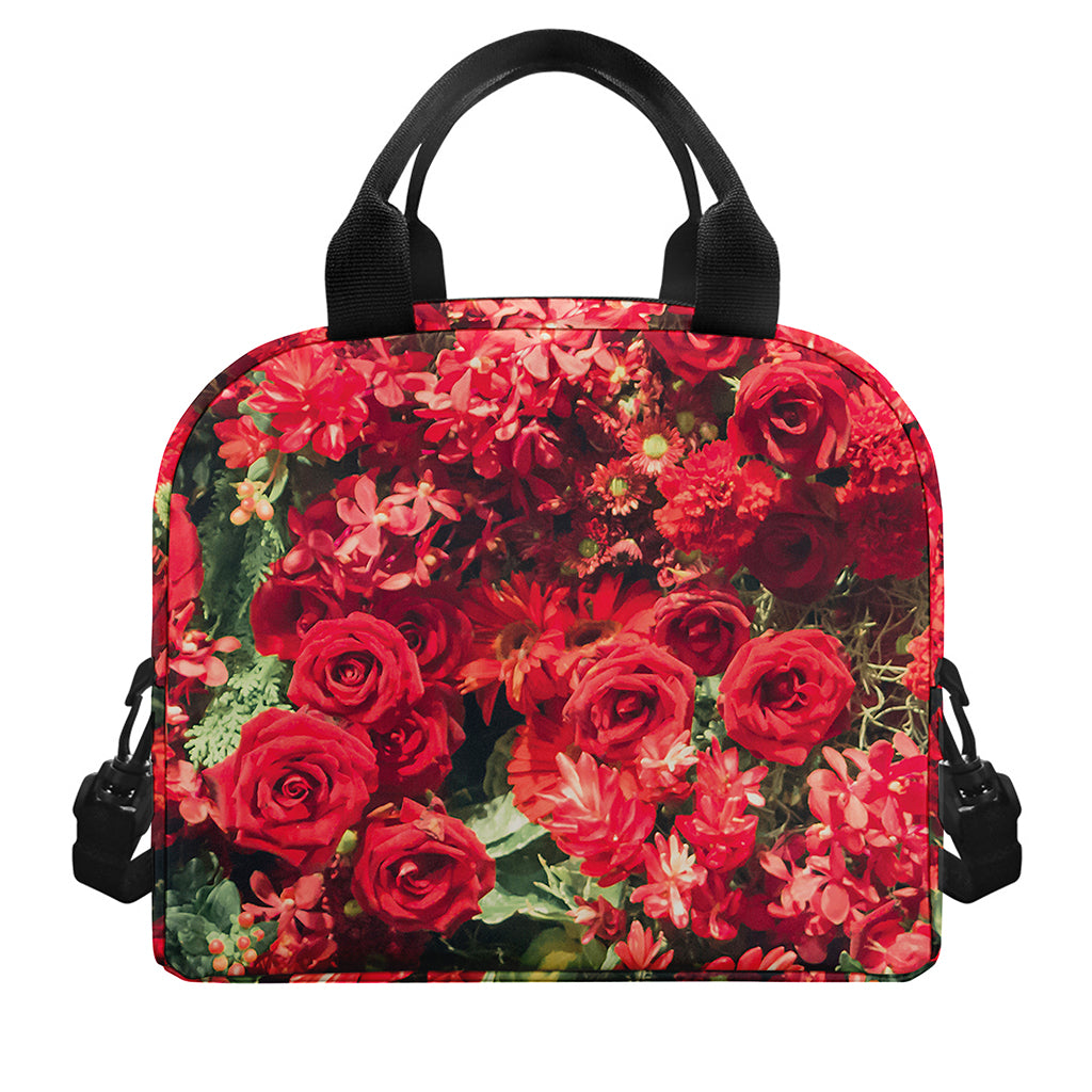 Red Rose Flower Print Insulated Lunch Bag