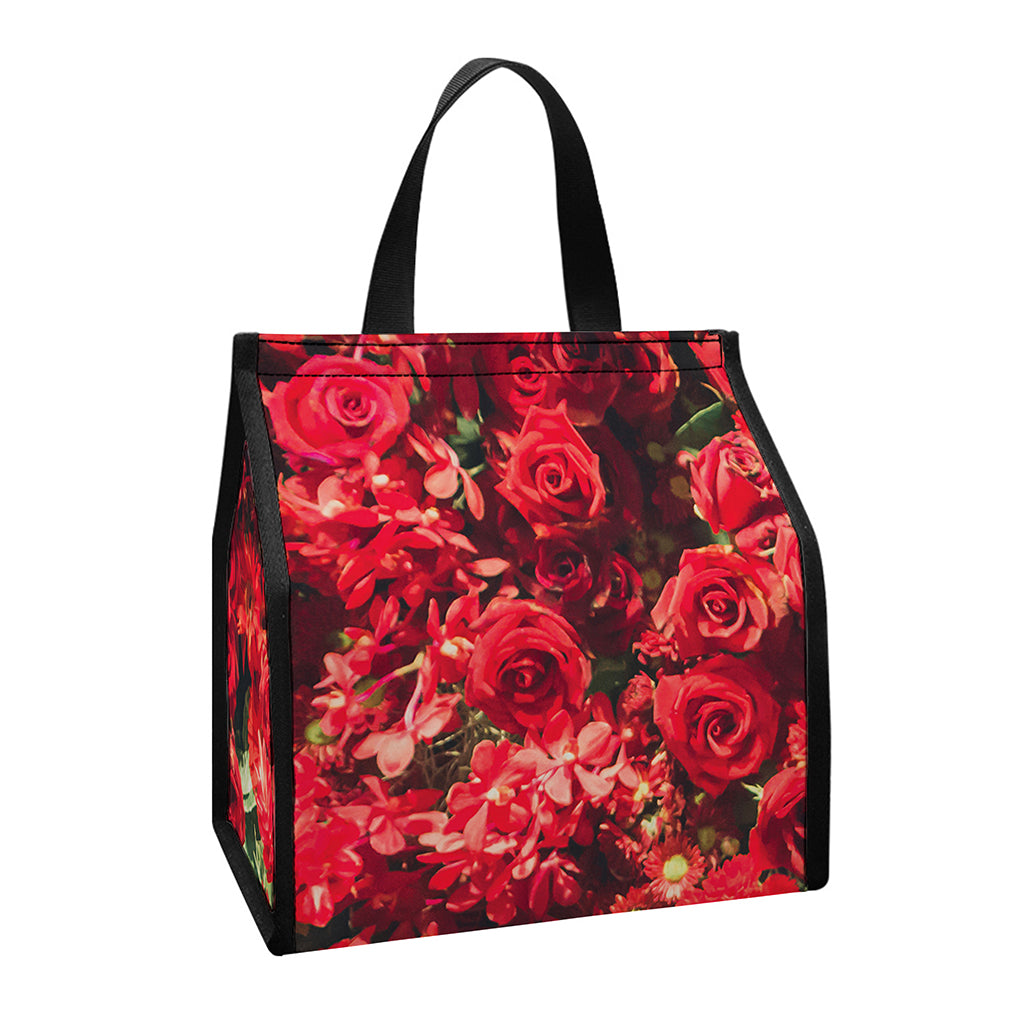 Red Rose Flower Print Insulated Lunch Tote