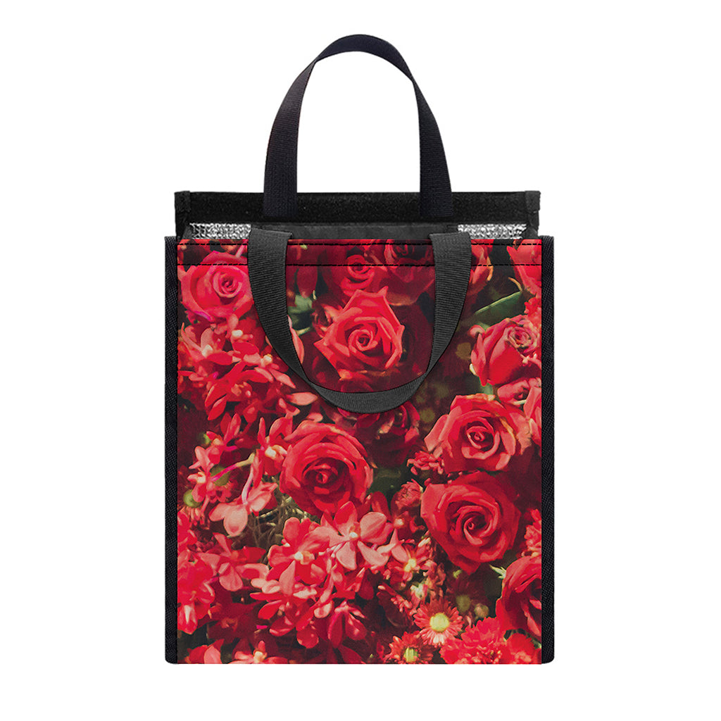 Red Rose Flower Print Insulated Lunch Tote