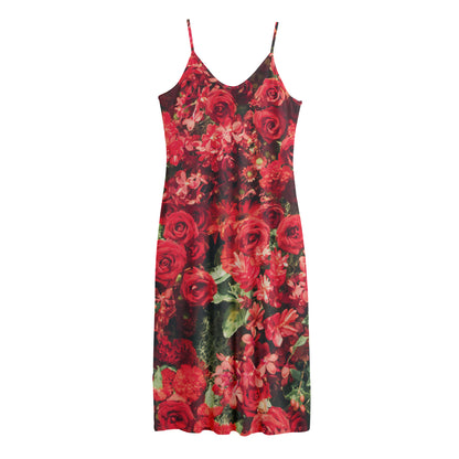 Red Rose Flower Print Jersey Midi Cami Dress