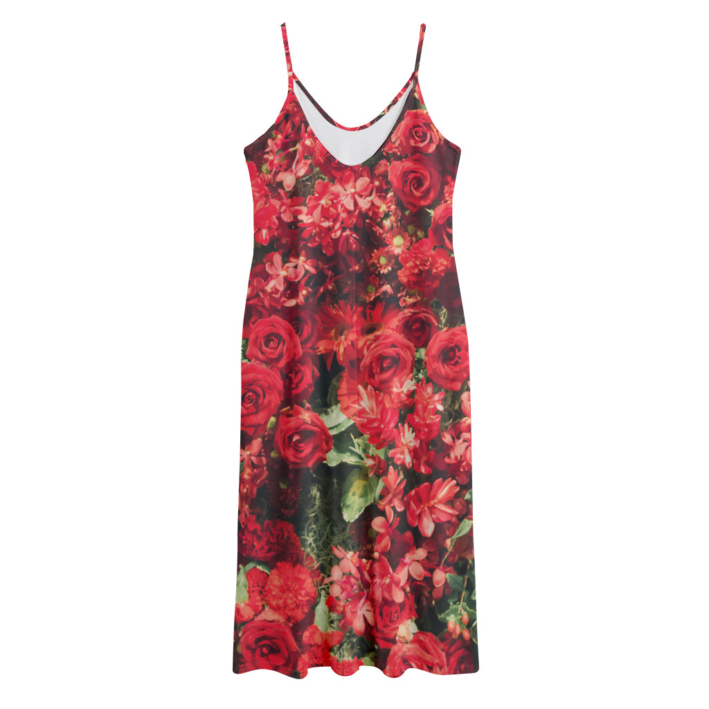 Red Rose Flower Print Jersey Midi Cami Dress