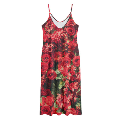 Red Rose Flower Print Jersey Midi Cami Dress
