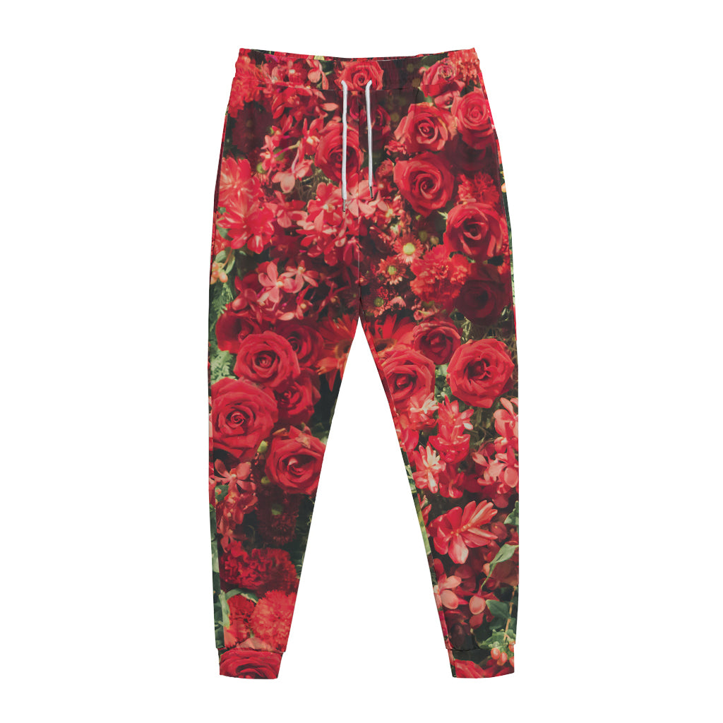 Red Rose Flower Print Jogger Pants