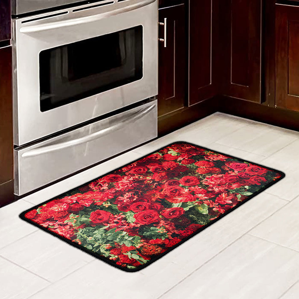 Red Rose Flower Print Kitchen Mat