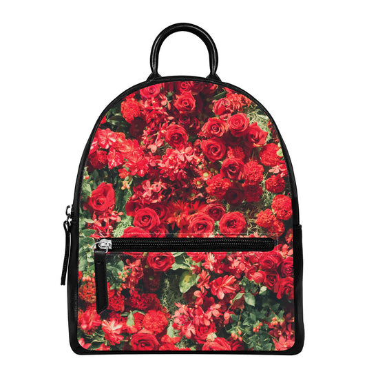 Red Rose Flower Print Leather Backpack