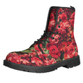 Red Rose Flower Print Lace-Up Boots
