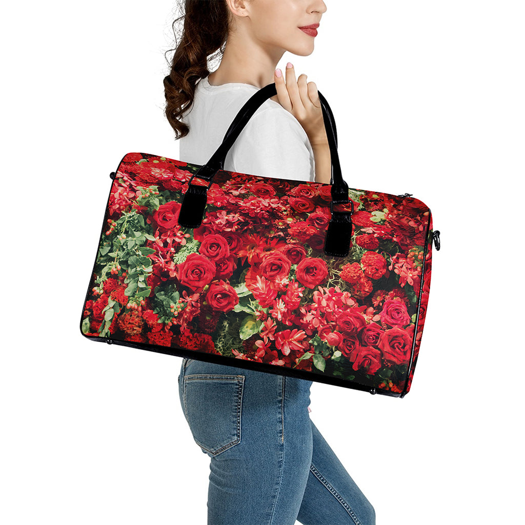 Red Rose Flower Print Leather Duffle Bag