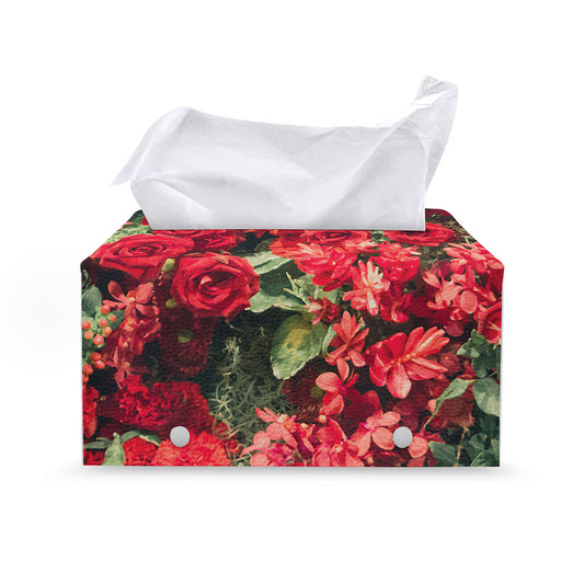 Red Rose Flower Print Leather Tissue Box Cover