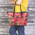 Red Rose Flower Print Leather Tote Bag
