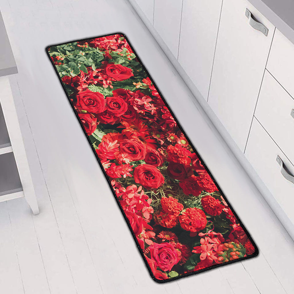 Red Rose Flower Print Long Kitchen Mat