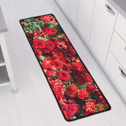 Red Rose Flower Print Long Kitchen Mat