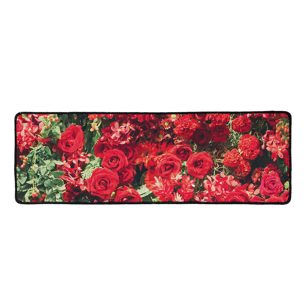 Red Rose Flower Print Long Kitchen Mat