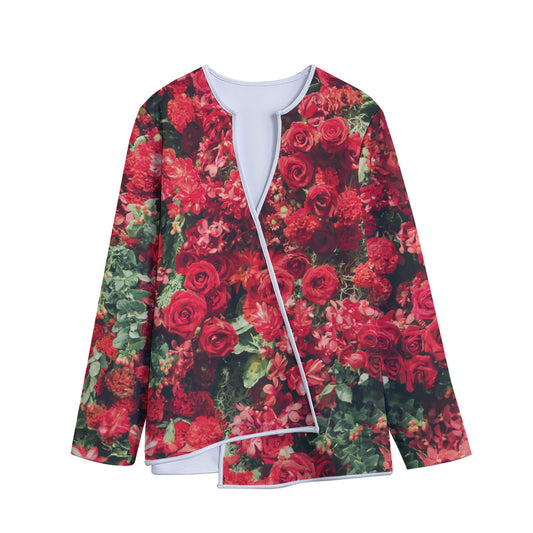 Red Rose Flower Print Long Sleeve Short Coat