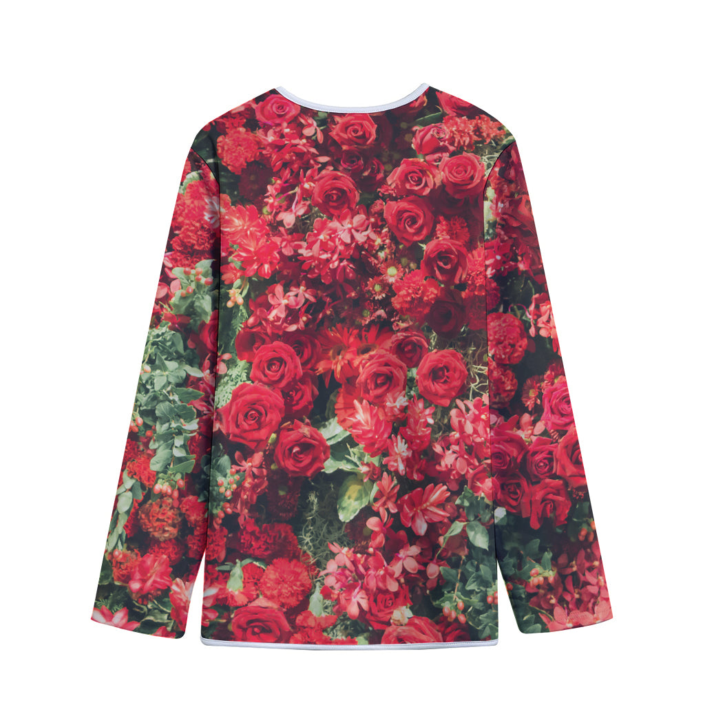 Red Rose Flower Print Long Sleeve Short Coat