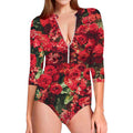 Red Rose Flower Print Long Sleeve Swimsuit