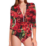 Red Rose Flower Print Long Sleeve Swimsuit