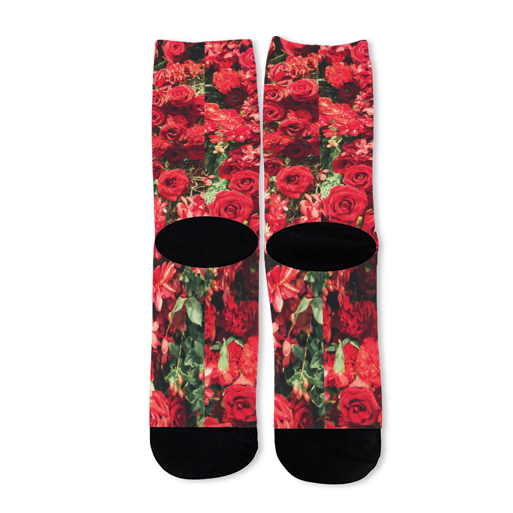 Red Rose Flower Print Long Socks