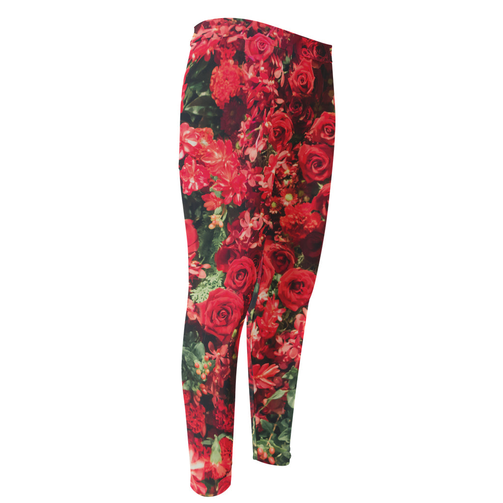 Red Rose Flower Print Men's Compression Pants
