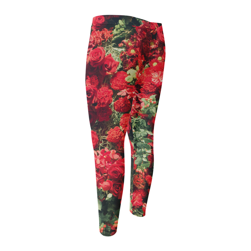 Red Rose Flower Print Men's Compression Pants