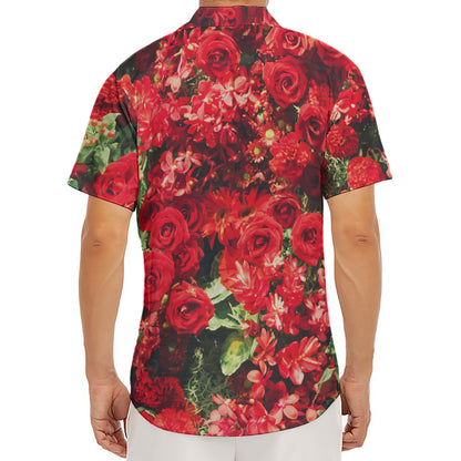 Red Rose Flower Print Men's Deep V-Neck Shirt