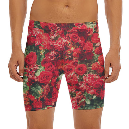 Red Rose Flower Print Men's Long Boxer Briefs