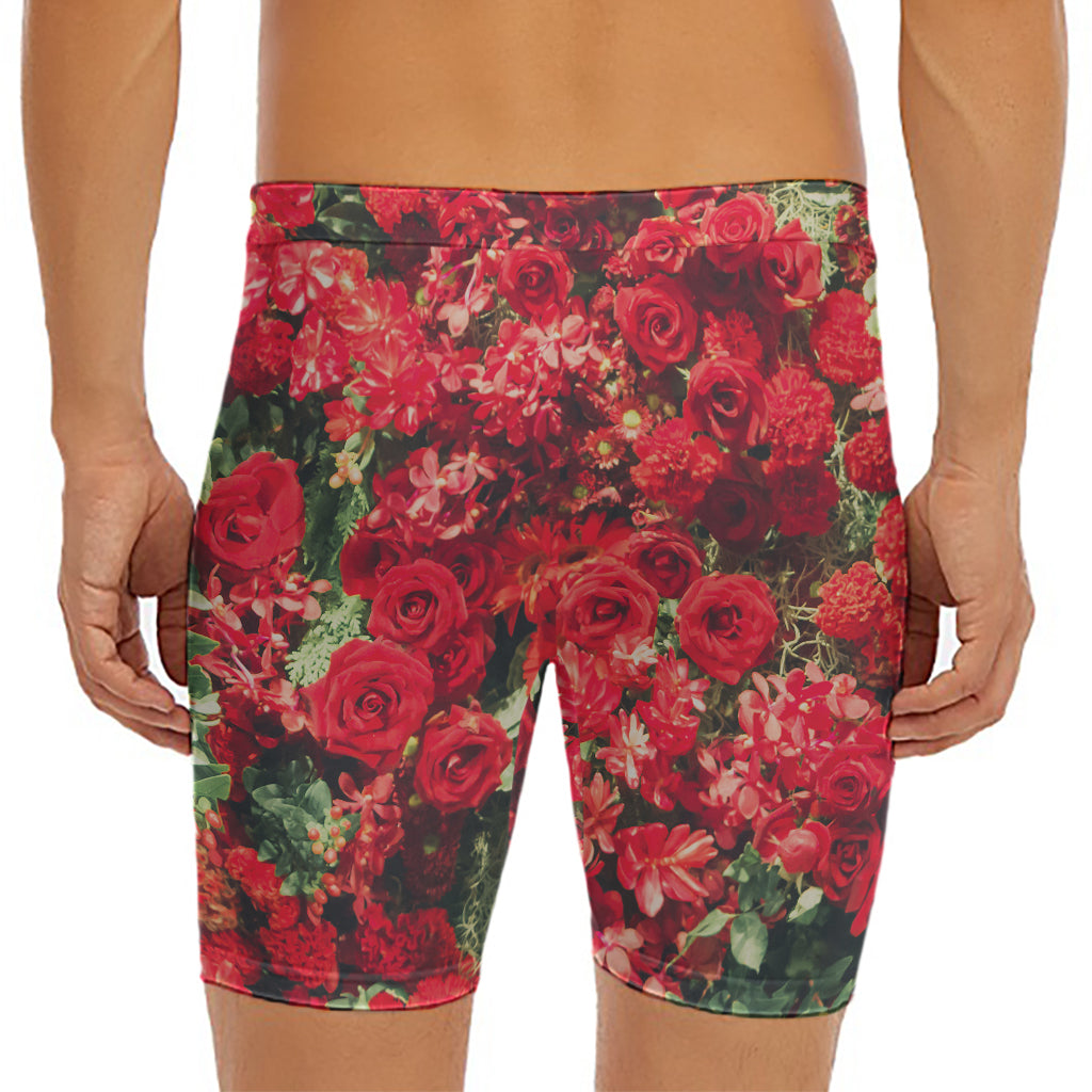 Red Rose Flower Print Men's Long Boxer Briefs