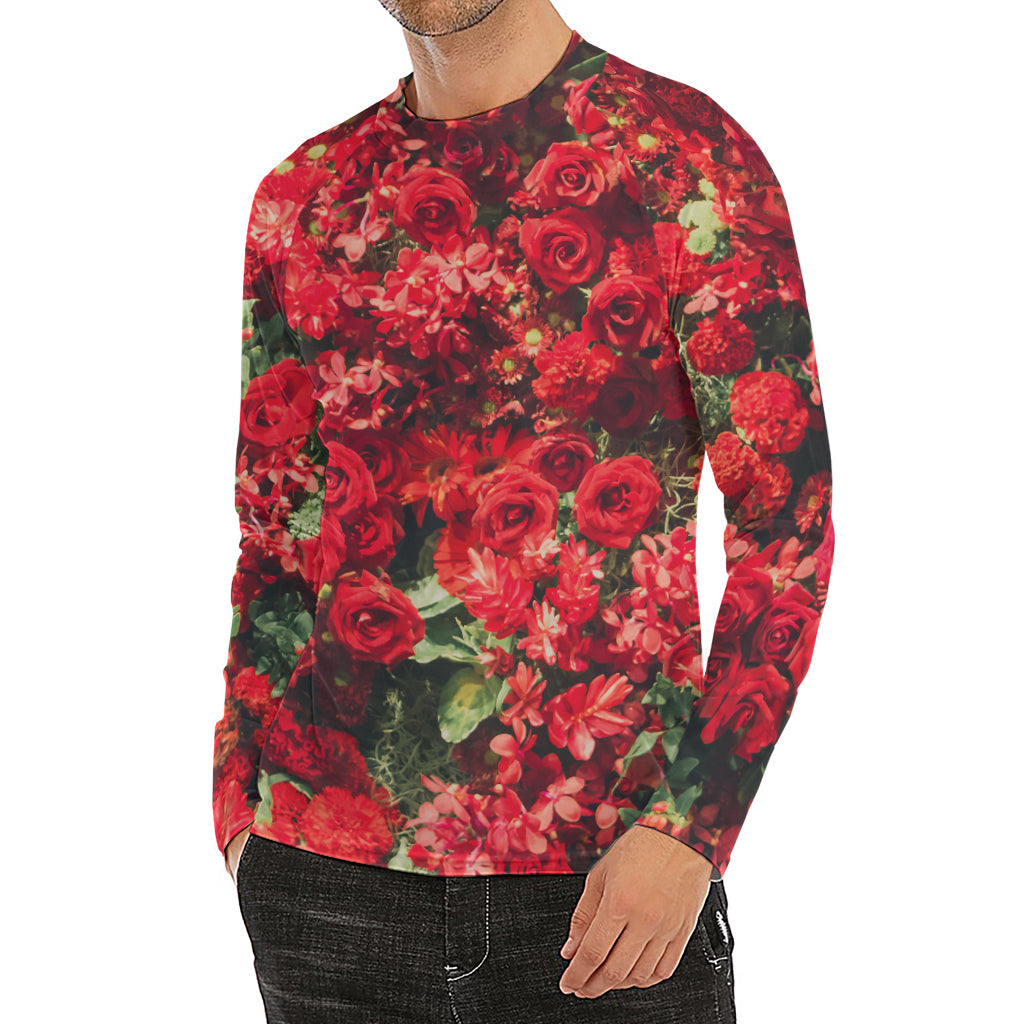 Red Rose Flower Print Men's Long Sleeve Rash Guard