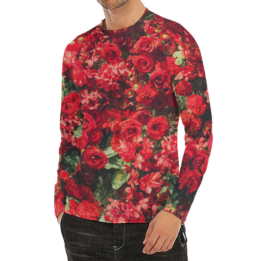 Red Rose Flower Print Men's Long Sleeve Rash Guard