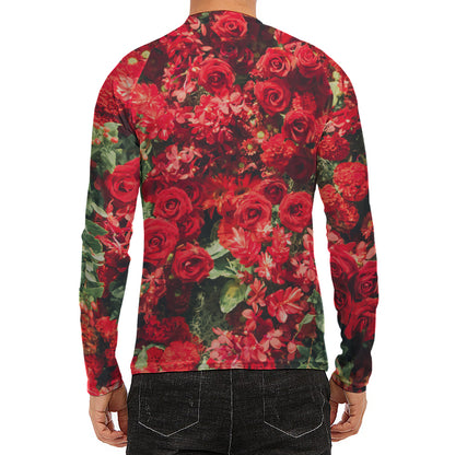 Red Rose Flower Print Men's Long Sleeve Rash Guard