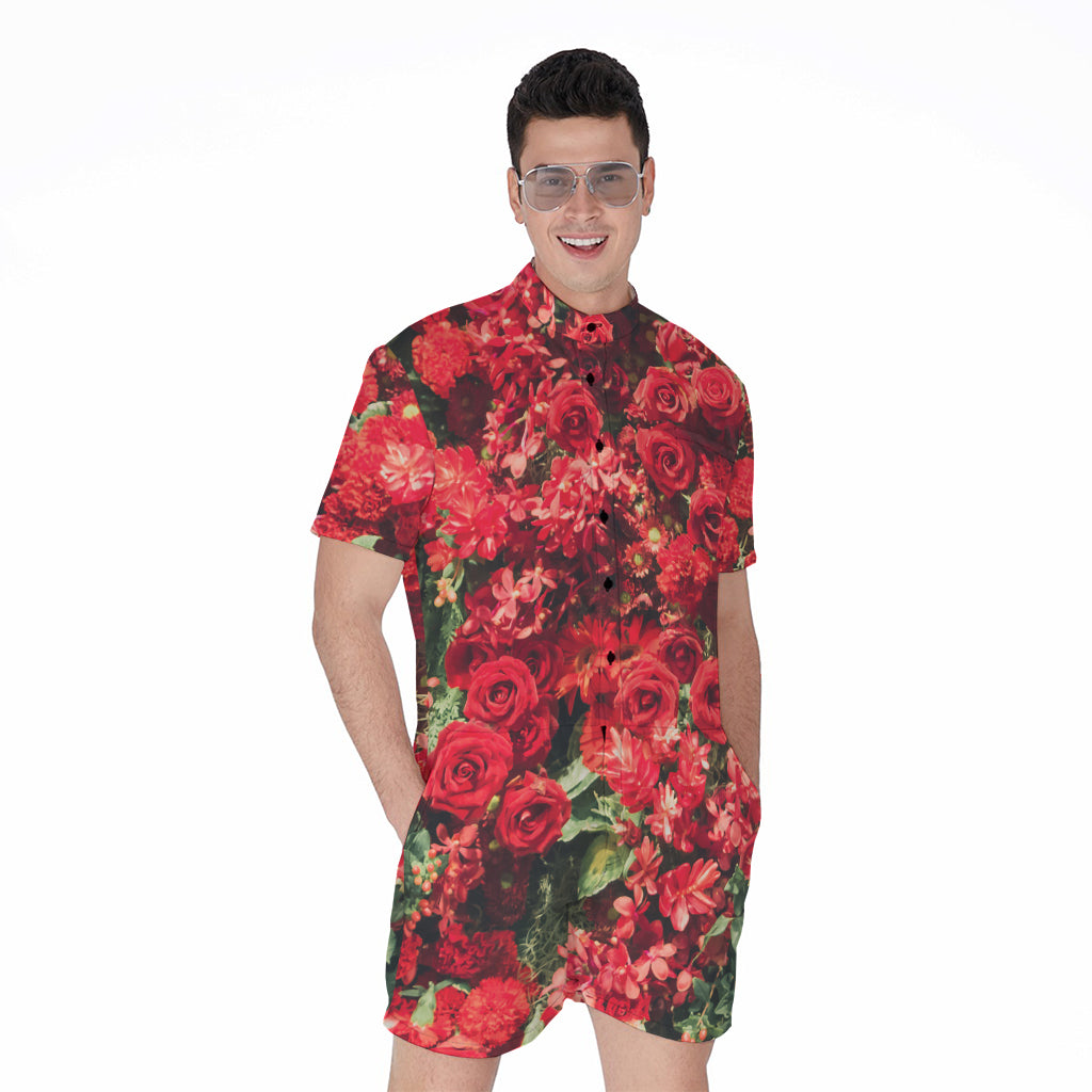 Red Rose Flower Print Men's Rompers