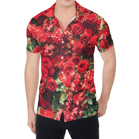 Red Rose Flower Print Men's Shirt