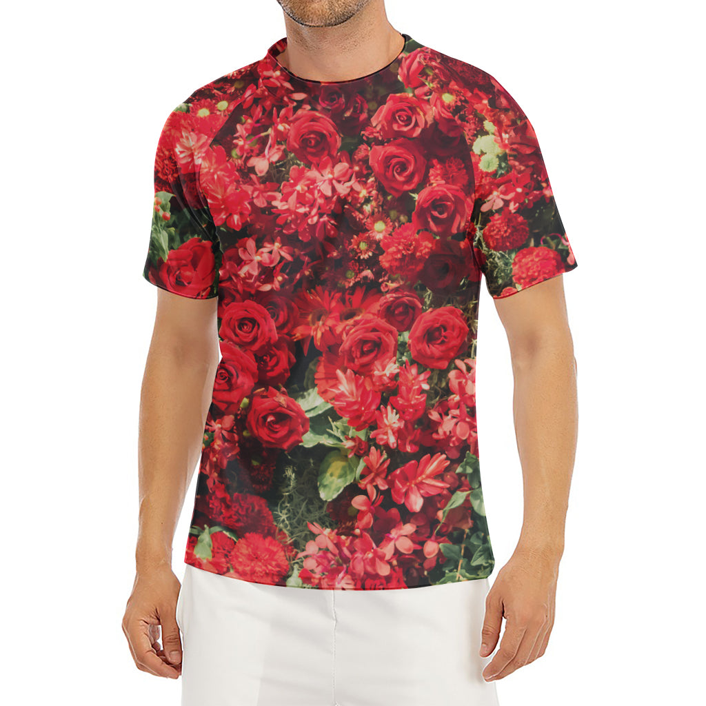 Red Rose Flower Print Men's Short Sleeve Rash Guard