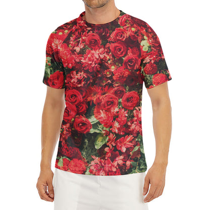Red Rose Flower Print Men's Short Sleeve Rash Guard