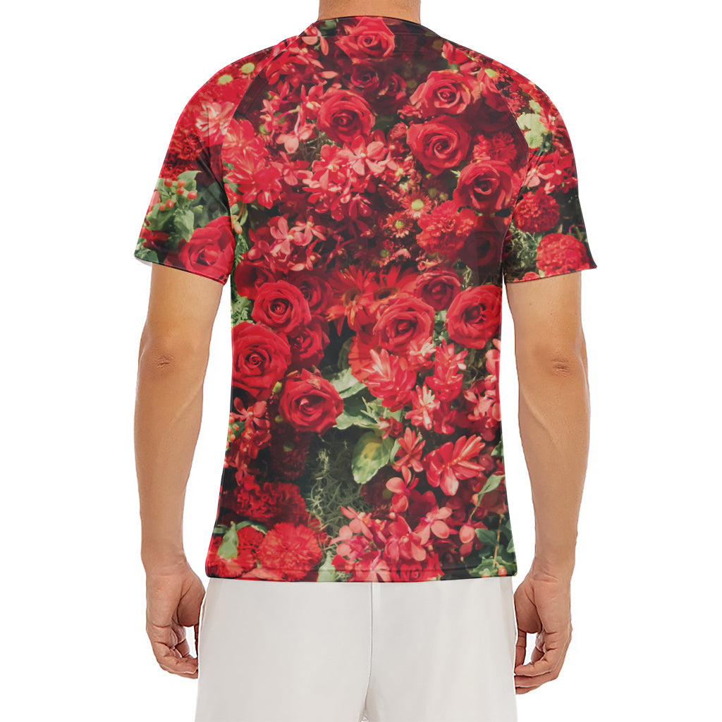 Red Rose Flower Print Men's Short Sleeve Rash Guard
