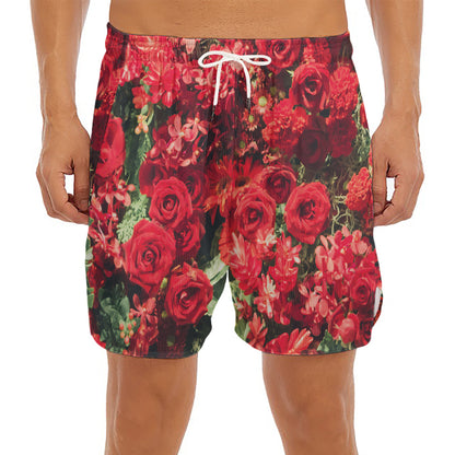 Red Rose Flower Print Men's Split Running Shorts
