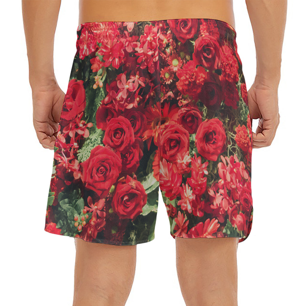 Red Rose Flower Print Men's Split Running Shorts