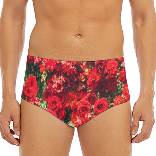 Red Rose Flower Print Men's Triangle Swim Briefs