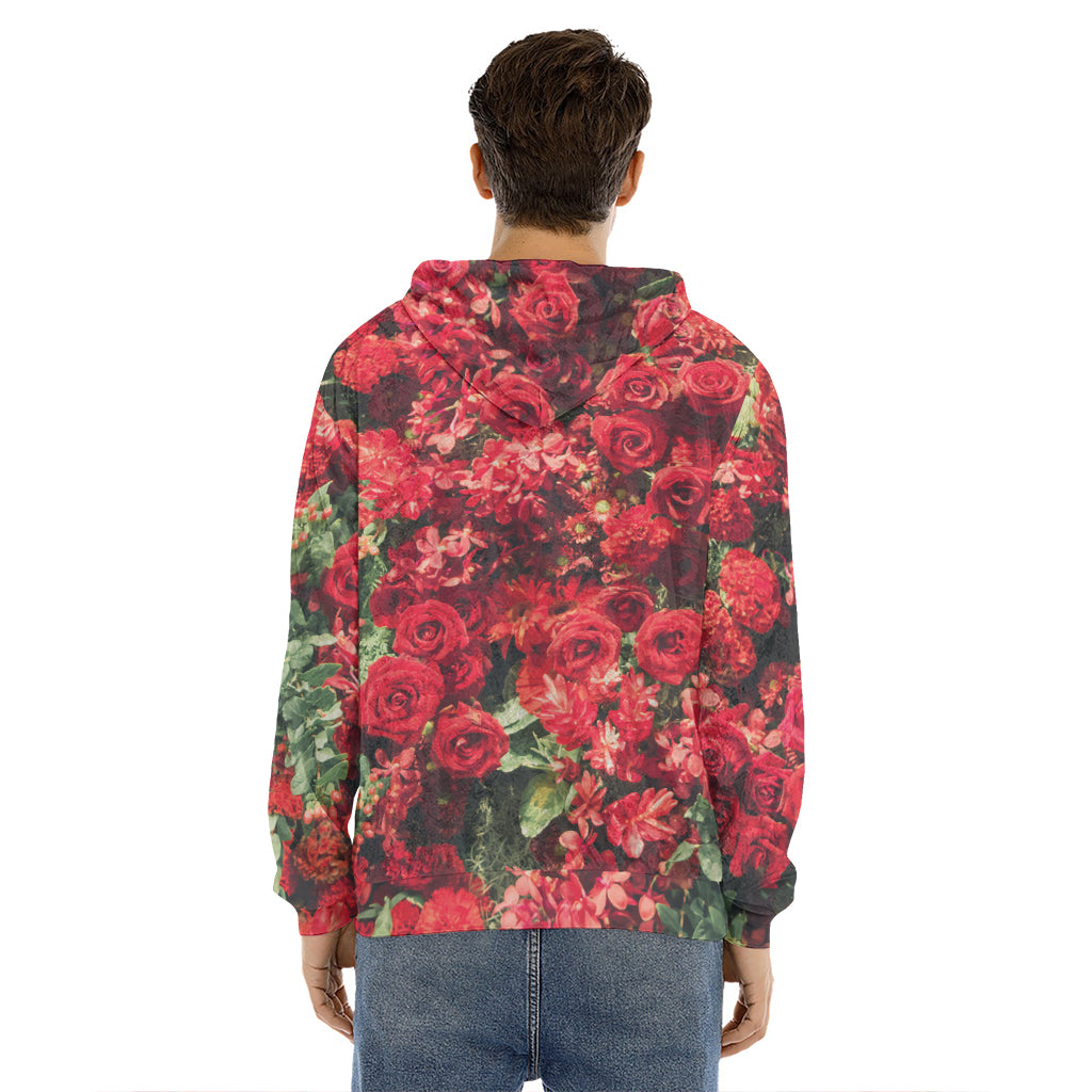 Red Rose Flower Print Men's Velvet Pullover Hoodie