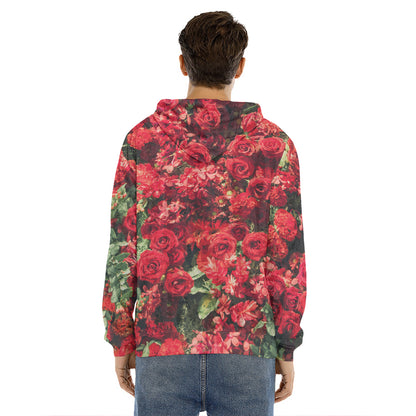 Red Rose Flower Print Men's Velvet Pullover Hoodie
