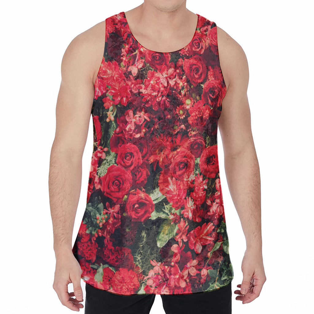 Red Rose Flower Print Men's Velvet Tank Top