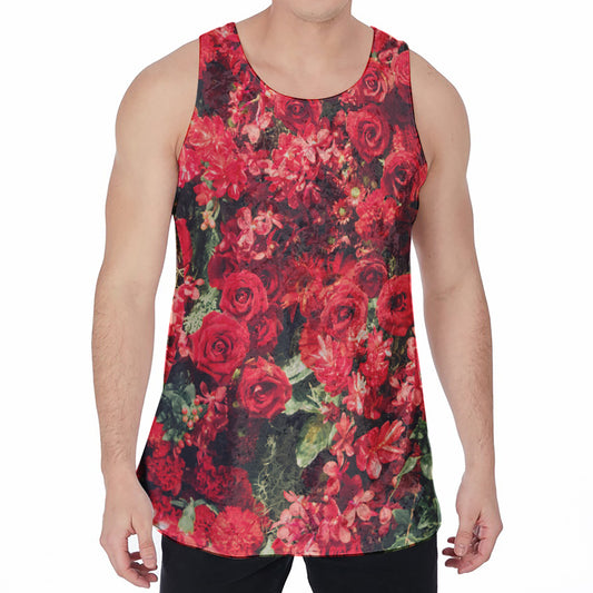 Red Rose Flower Print Men's Velvet Tank Top