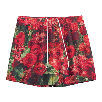 Red Rose Flower Print Mesh Shorts