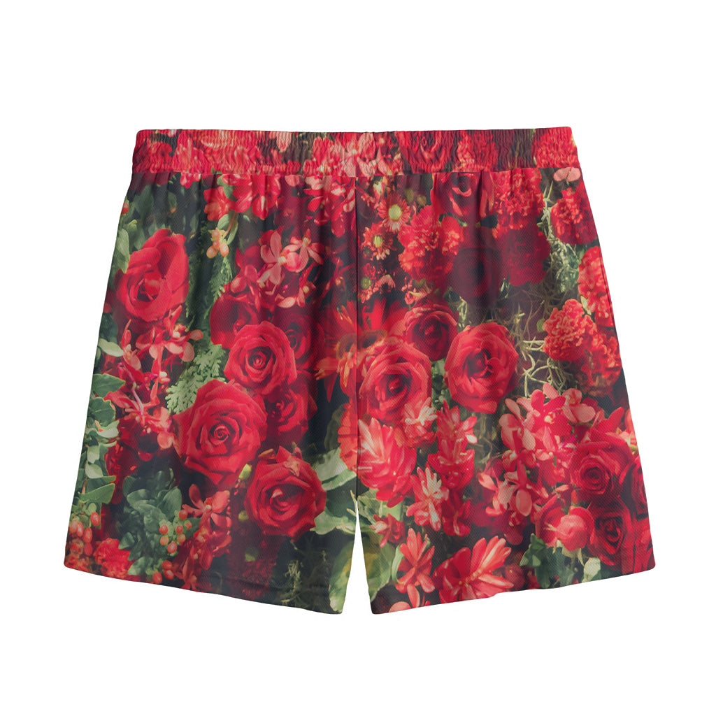 Red Rose Flower Print Mesh Shorts