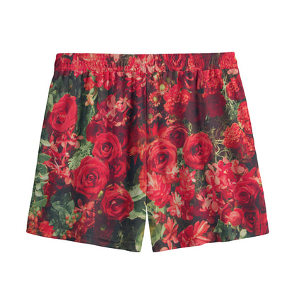 Red Rose Flower Print Mesh Shorts