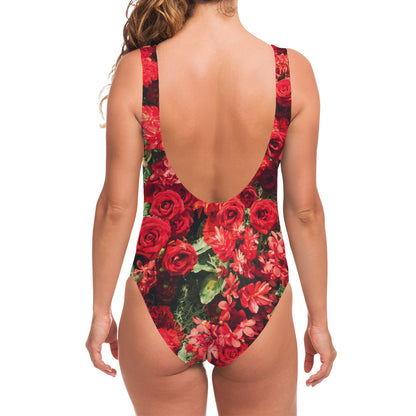 Red Rose Flower Print One Piece Swimsuit