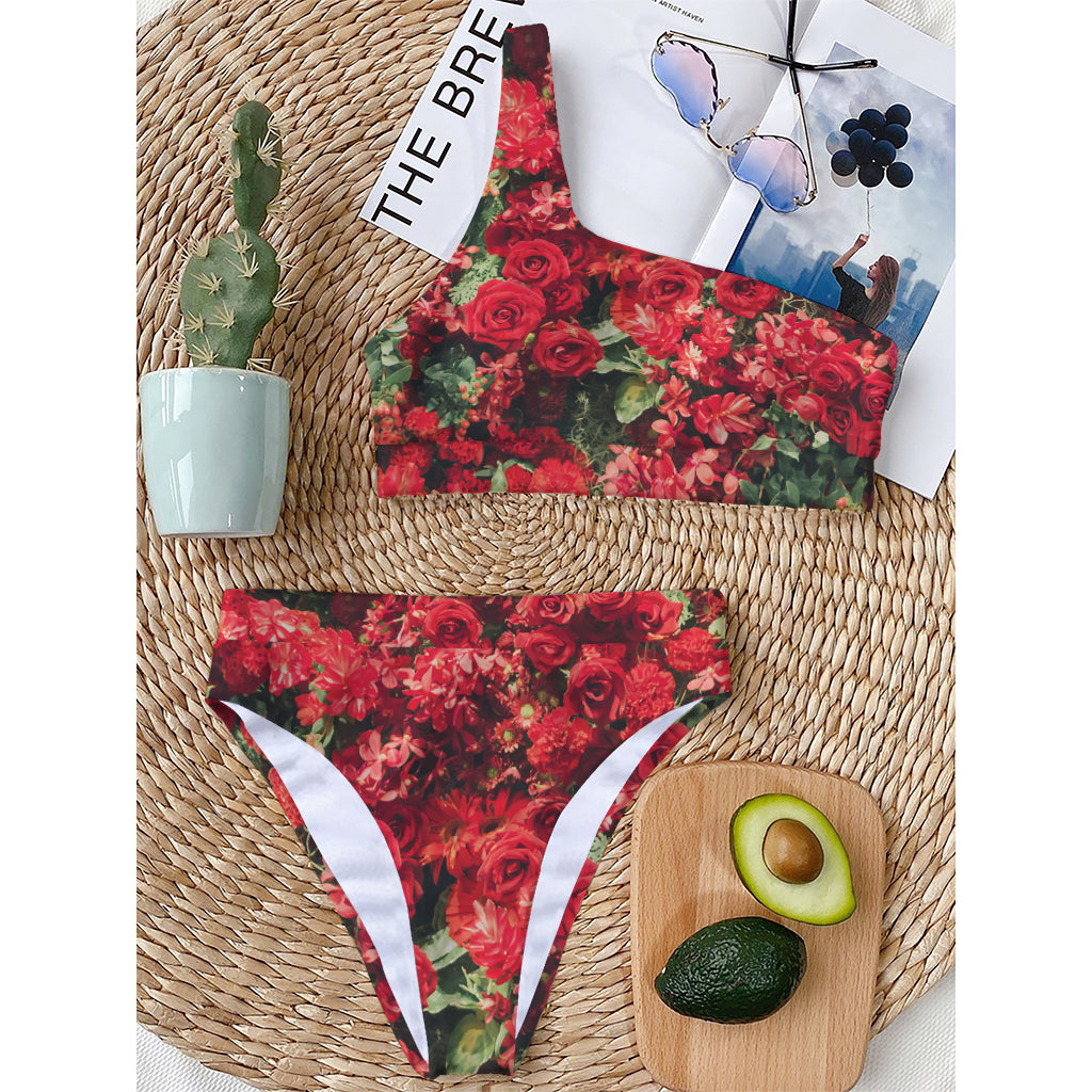 Red Rose Flower Print One Shoulder Bikini Top